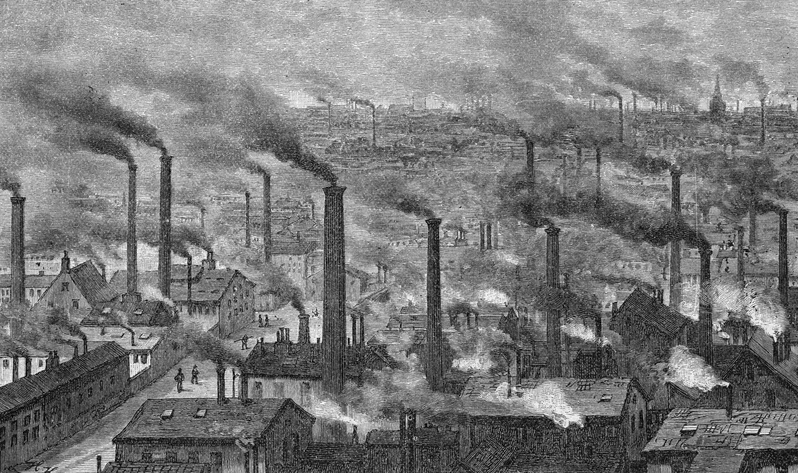 BJW7RA industry, factories, industrial town, England, wood engraving, circa 1880, 1880s, 19th century, historic, historical, chimney, c