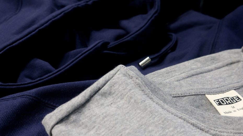 Navy Blue hoodie and grey t-shirt made with English Fine Cottons by Forge Denim